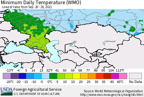 Russian Federation Minimum Daily Temperature (WMO) Thematic Map For 9/20/2021 - 9/26/2021