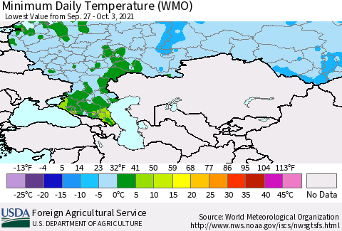 Russian Federation Minimum Daily Temperature (WMO) Thematic Map For 9/27/2021 - 10/3/2021