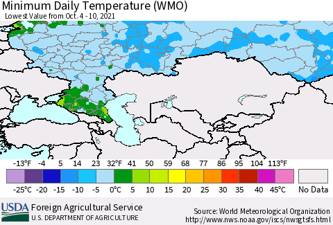 Russian Federation Minimum Daily Temperature (WMO) Thematic Map For 10/4/2021 - 10/10/2021