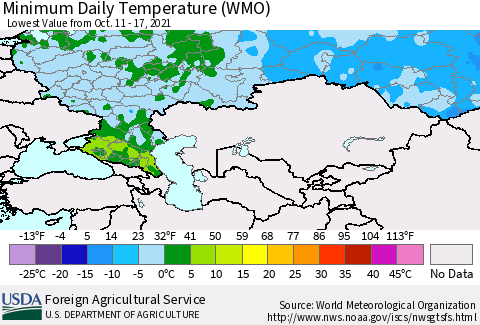 Russian Federation Minimum Daily Temperature (WMO) Thematic Map For 10/11/2021 - 10/17/2021