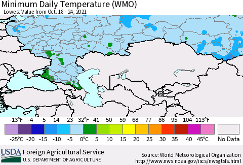Russian Federation Minimum Daily Temperature (WMO) Thematic Map For 10/18/2021 - 10/24/2021