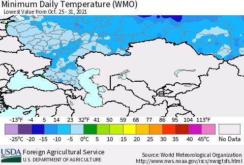 Russian Federation Minimum Daily Temperature (WMO) Thematic Map For 10/25/2021 - 10/31/2021