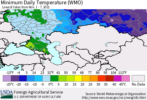 Russian Federation Minimum Daily Temperature (WMO) Thematic Map For 11/1/2021 - 11/7/2021