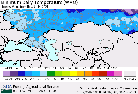 Russian Federation Minimum Daily Temperature (WMO) Thematic Map For 11/8/2021 - 11/14/2021