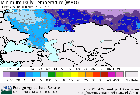 Russian Federation Minimum Daily Temperature (WMO) Thematic Map For 11/15/2021 - 11/21/2021