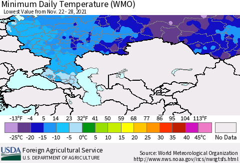 Russian Federation Minimum Daily Temperature (WMO) Thematic Map For 11/22/2021 - 11/28/2021