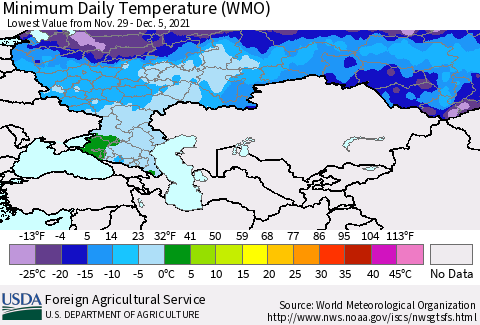 Russian Federation Minimum Daily Temperature (WMO) Thematic Map For 11/29/2021 - 12/5/2021