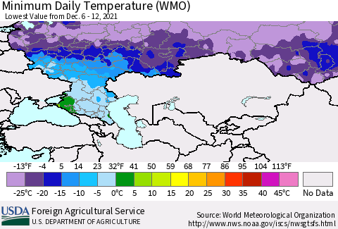 Russian Federation Minimum Daily Temperature (WMO) Thematic Map For 12/6/2021 - 12/12/2021