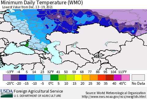 Russian Federation Minimum Daily Temperature (WMO) Thematic Map For 12/13/2021 - 12/19/2021