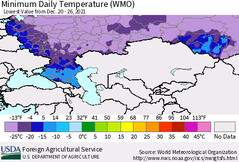 Russian Federation Minimum Daily Temperature (WMO) Thematic Map For 12/20/2021 - 12/26/2021