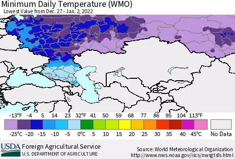 Russian Federation Minimum Daily Temperature (WMO) Thematic Map For 12/27/2021 - 1/2/2022