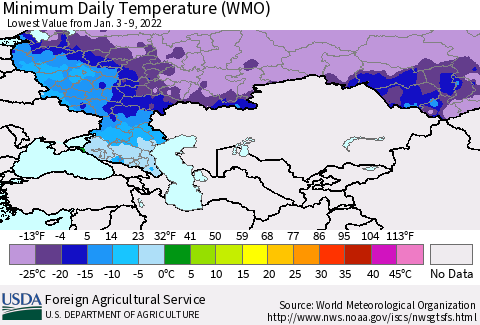 Russian Federation Minimum Daily Temperature (WMO) Thematic Map For 1/3/2022 - 1/9/2022