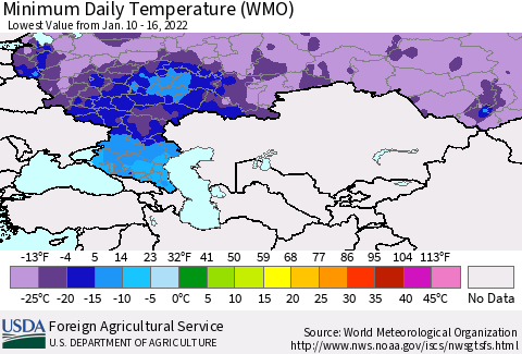 Russian Federation Minimum Daily Temperature (WMO) Thematic Map For 1/10/2022 - 1/16/2022