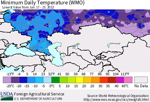 Russian Federation Minimum Daily Temperature (WMO) Thematic Map For 1/17/2022 - 1/23/2022