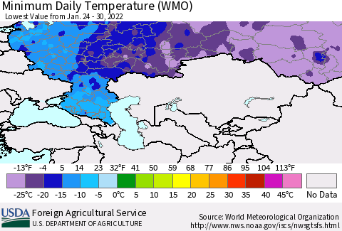 Russian Federation Minimum Daily Temperature (WMO) Thematic Map For 1/24/2022 - 1/30/2022