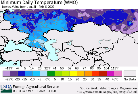 Russian Federation Minimum Daily Temperature (WMO) Thematic Map For 1/31/2022 - 2/6/2022