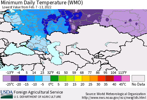 Russian Federation Minimum Daily Temperature (WMO) Thematic Map For 2/7/2022 - 2/13/2022