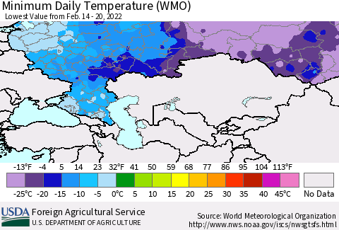 Russian Federation Minimum Daily Temperature (WMO) Thematic Map For 2/14/2022 - 2/20/2022