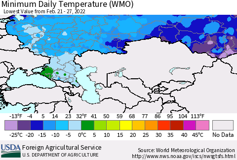 Russian Federation Minimum Daily Temperature (WMO) Thematic Map For 2/21/2022 - 2/27/2022