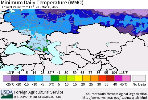 Russian Federation Minimum Daily Temperature (WMO) Thematic Map For 2/28/2022 - 3/6/2022