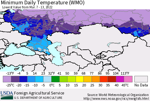 Russian Federation Minimum Daily Temperature (WMO) Thematic Map For 3/7/2022 - 3/13/2022