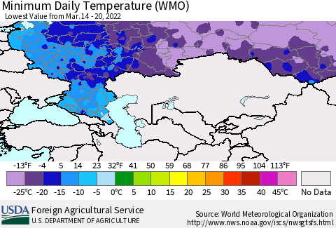 Russian Federation Minimum Daily Temperature (WMO) Thematic Map For 3/14/2022 - 3/20/2022