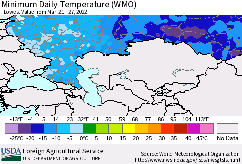Russian Federation Minimum Daily Temperature (WMO) Thematic Map For 3/21/2022 - 3/27/2022