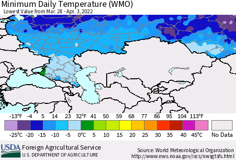 Russian Federation Minimum Daily Temperature (WMO) Thematic Map For 3/28/2022 - 4/3/2022