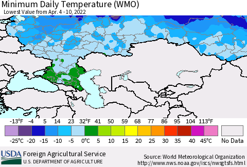 Russian Federation Minimum Daily Temperature (WMO) Thematic Map For 4/4/2022 - 4/10/2022