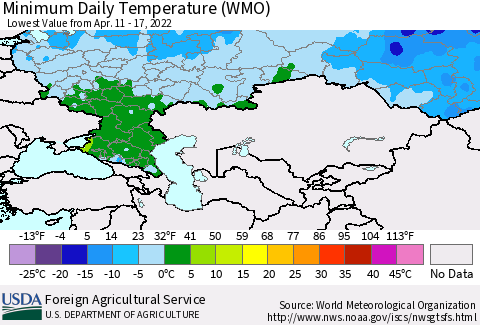 Russian Federation Minimum Daily Temperature (WMO) Thematic Map For 4/11/2022 - 4/17/2022
