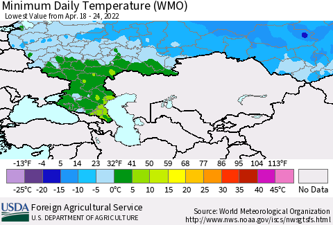 Russian Federation Minimum Daily Temperature (WMO) Thematic Map For 4/18/2022 - 4/24/2022