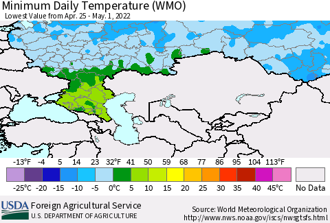 Russian Federation Minimum Daily Temperature (WMO) Thematic Map For 4/25/2022 - 5/1/2022