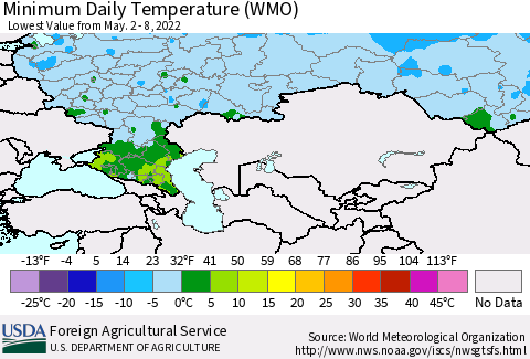 Russian Federation Minimum Daily Temperature (WMO) Thematic Map For 5/2/2022 - 5/8/2022