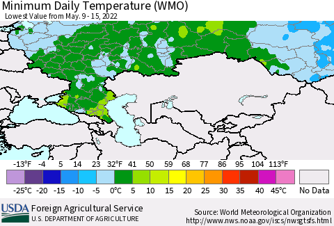 Russian Federation Minimum Daily Temperature (WMO) Thematic Map For 5/9/2022 - 5/15/2022