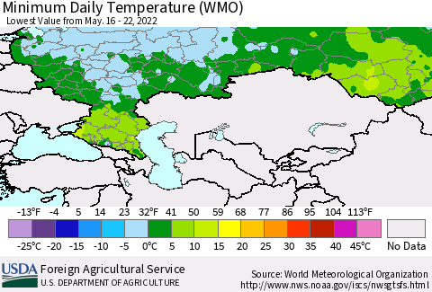 Russian Federation Minimum Daily Temperature (WMO) Thematic Map For 5/16/2022 - 5/22/2022