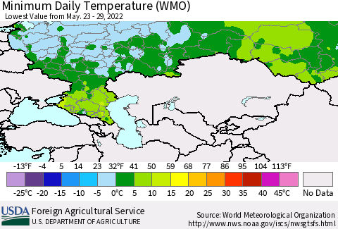 Russian Federation Minimum Daily Temperature (WMO) Thematic Map For 5/23/2022 - 5/29/2022