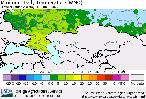 Russian Federation Minimum Daily Temperature (WMO) Thematic Map For 5/30/2022 - 6/5/2022