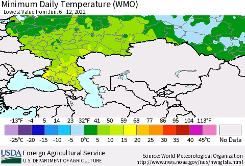 Russian Federation Minimum Daily Temperature (WMO) Thematic Map For 6/6/2022 - 6/12/2022