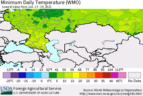 Russian Federation Minimum Daily Temperature (WMO) Thematic Map For 6/13/2022 - 6/19/2022