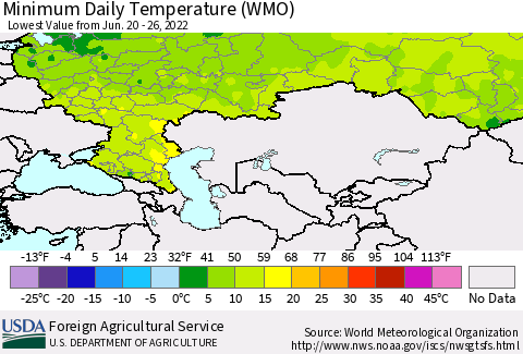 Russian Federation Minimum Daily Temperature (WMO) Thematic Map For 6/20/2022 - 6/26/2022