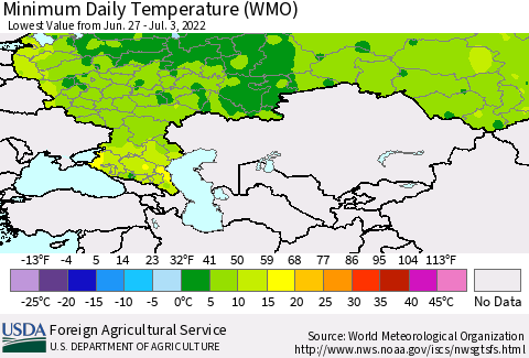 Russian Federation Minimum Daily Temperature (WMO) Thematic Map For 6/27/2022 - 7/3/2022