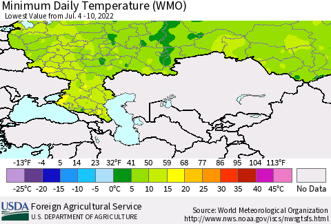 Russian Federation Minimum Daily Temperature (WMO) Thematic Map For 7/4/2022 - 7/10/2022