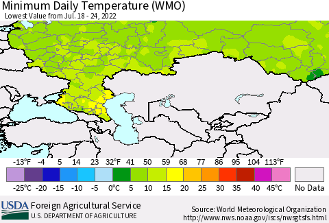 Russian Federation Minimum Daily Temperature (WMO) Thematic Map For 7/18/2022 - 7/24/2022