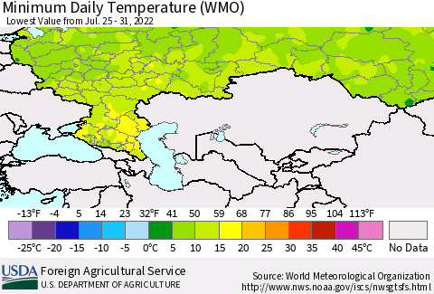 Russian Federation Minimum Daily Temperature (WMO) Thematic Map For 7/25/2022 - 7/31/2022