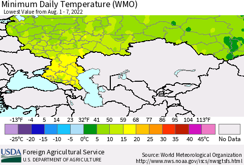 Russian Federation Minimum Daily Temperature (WMO) Thematic Map For 8/1/2022 - 8/7/2022