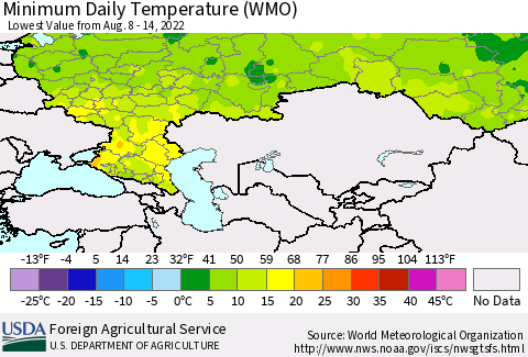 Russian Federation Minimum Daily Temperature (WMO) Thematic Map For 8/8/2022 - 8/14/2022