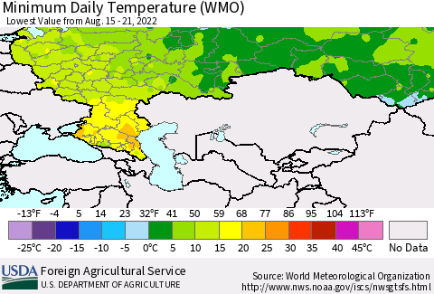 Russian Federation Minimum Daily Temperature (WMO) Thematic Map For 8/15/2022 - 8/21/2022