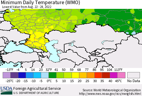 Russian Federation Minimum Daily Temperature (WMO) Thematic Map For 8/22/2022 - 8/28/2022
