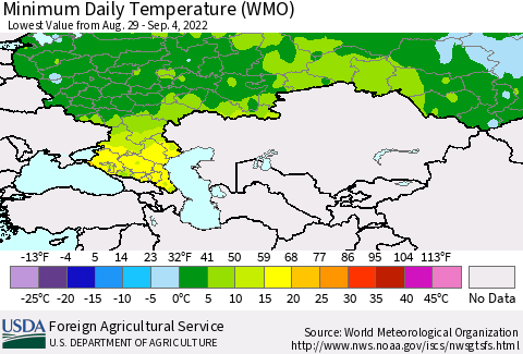 Russian Federation Minimum Daily Temperature (WMO) Thematic Map For 8/29/2022 - 9/4/2022
