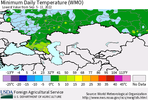 Russian Federation Minimum Daily Temperature (WMO) Thematic Map For 9/5/2022 - 9/11/2022